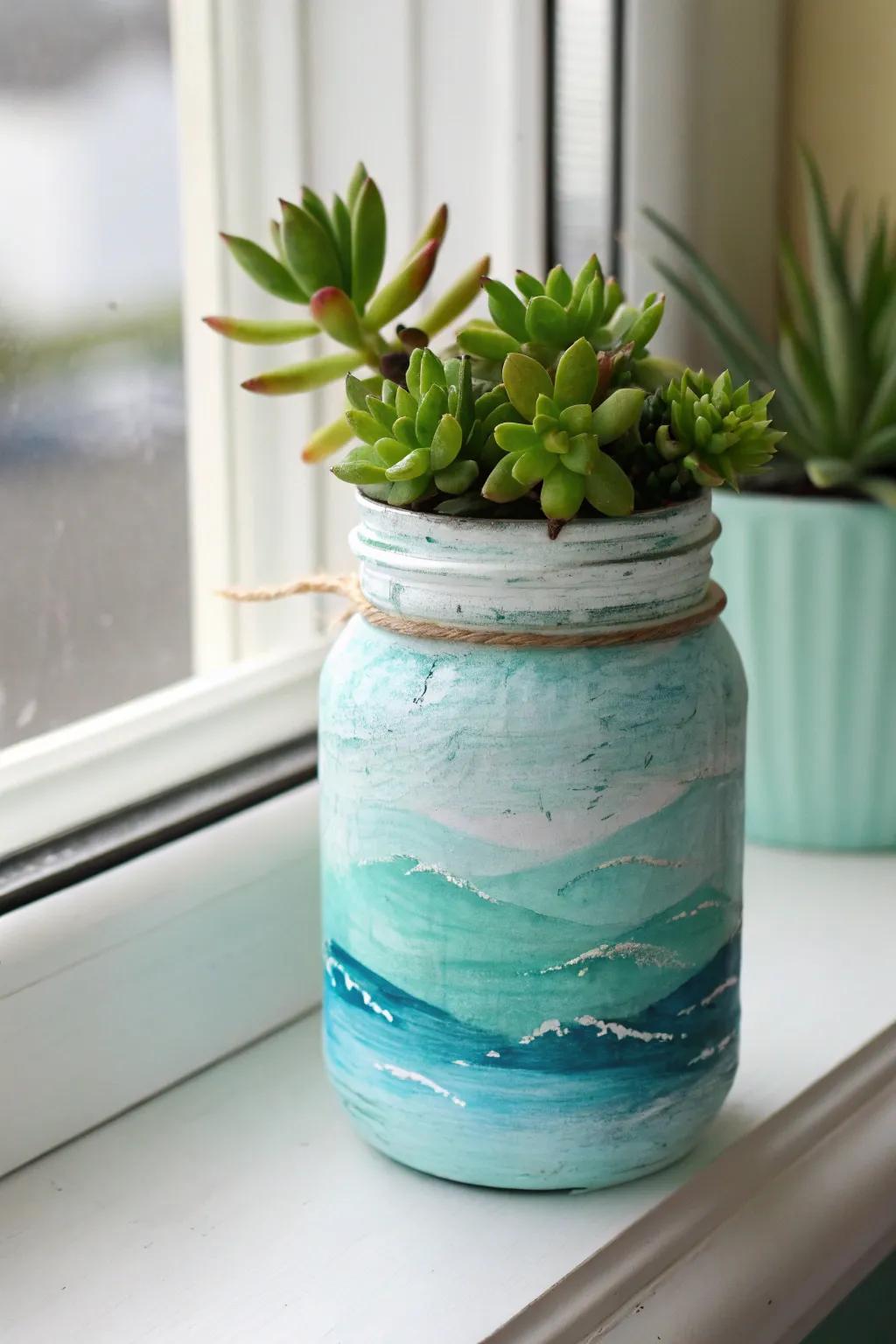 Bring the ocean's tranquility to your home with a sea-toned mason jar planter.