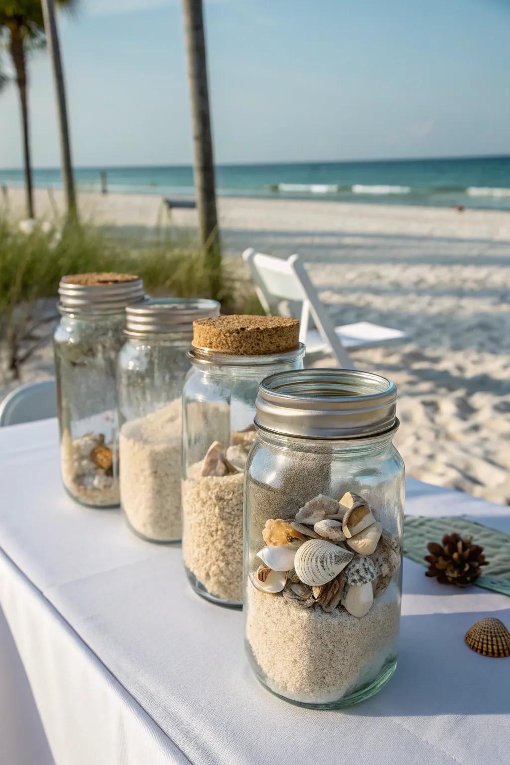 Beach-themed mason jars bring coastal charm to a wedding setting.