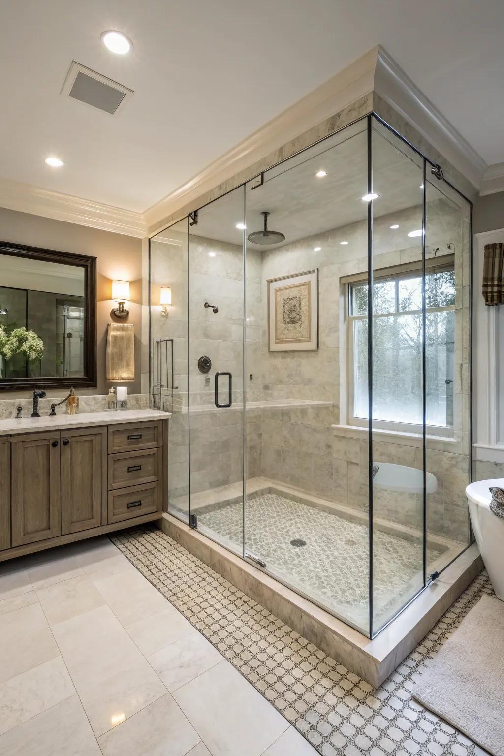 A walk-in shower creates an open and airy feel in this master bathroom.