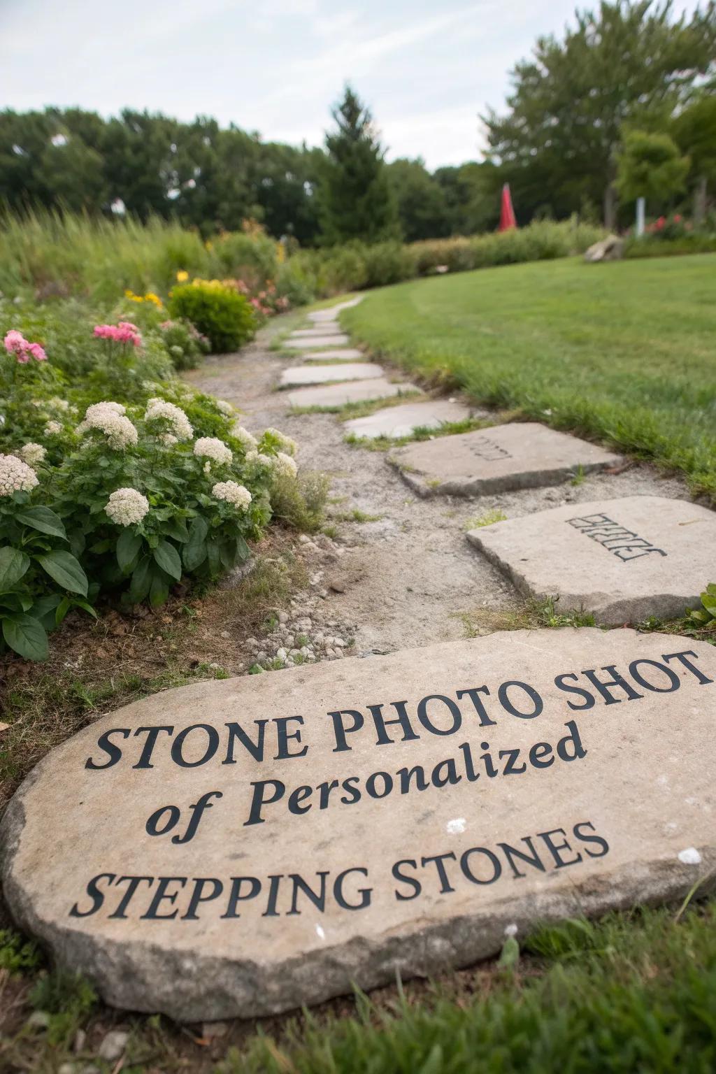 Stepping stones with personalized engravings guide the way through the garden.