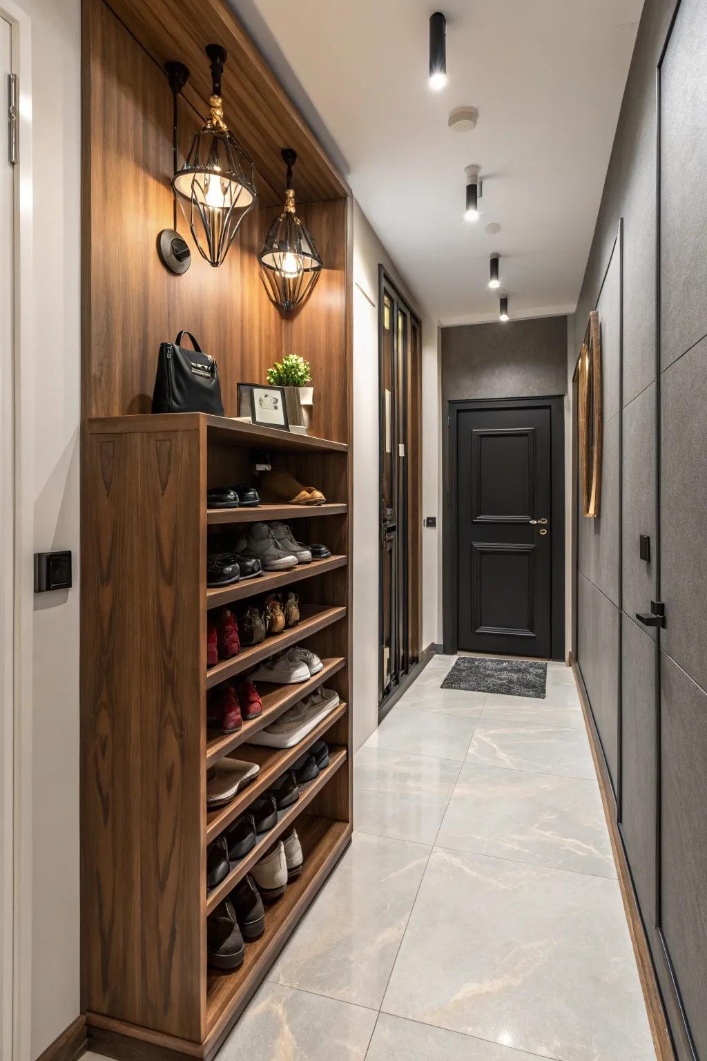 A wood shoe cabinet blends functionality with elegant design.