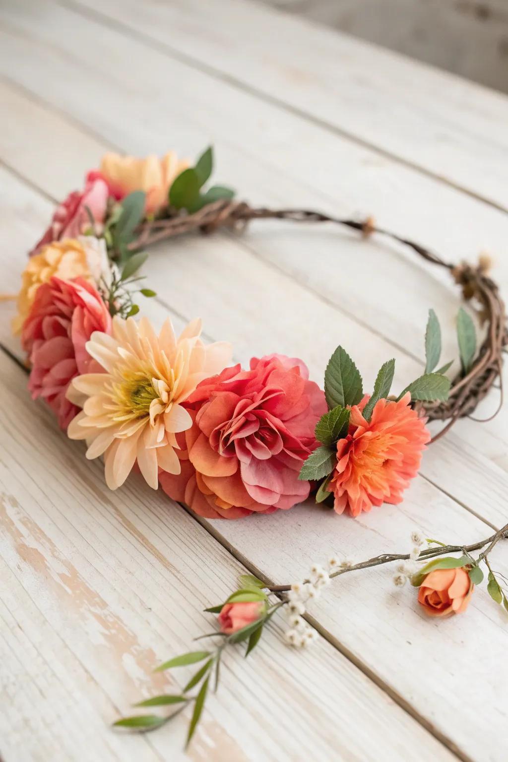 Embrace the spirit of a fiesta with this exquisite floral crown, a perfect blend of vibrant blooms and minimalist elegance.