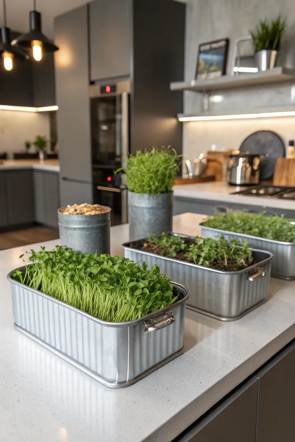 Industrial chic: Metal tins as unique microgreen containers.