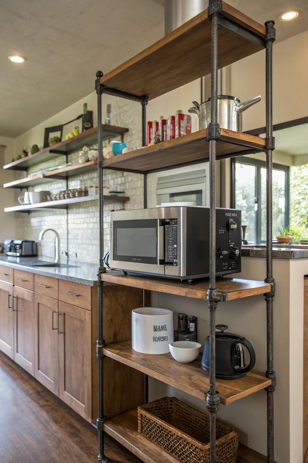 Industrial pipe shelves for a modern kitchen.