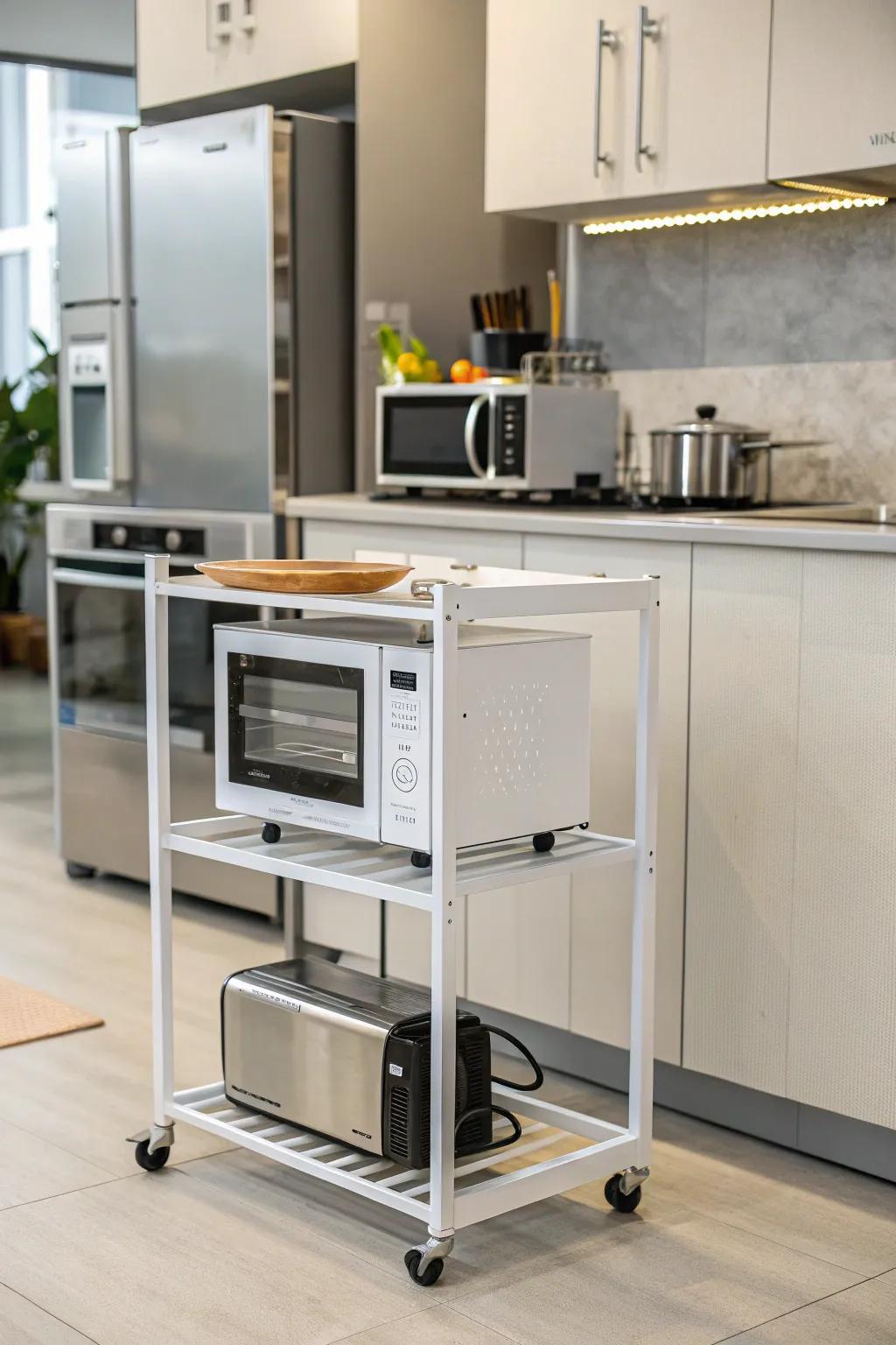 A movable cart offers flexibility and additional workspace in the kitchen.