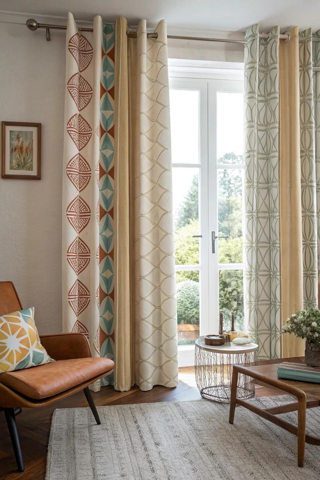 Geometric patterns on drapes echo the clean lines of mid-century design.