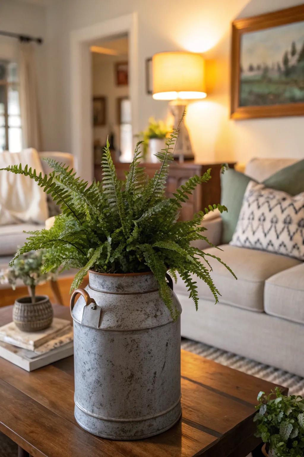 A vintage milk can planter adds nostalgic charm indoors.