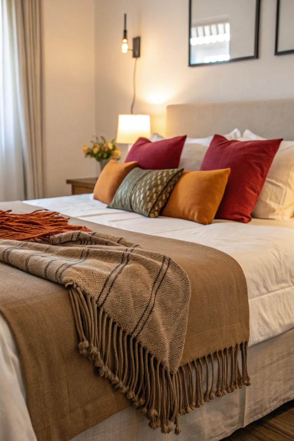 A perfect balance of neutral tones and vibrant accents in bedding.