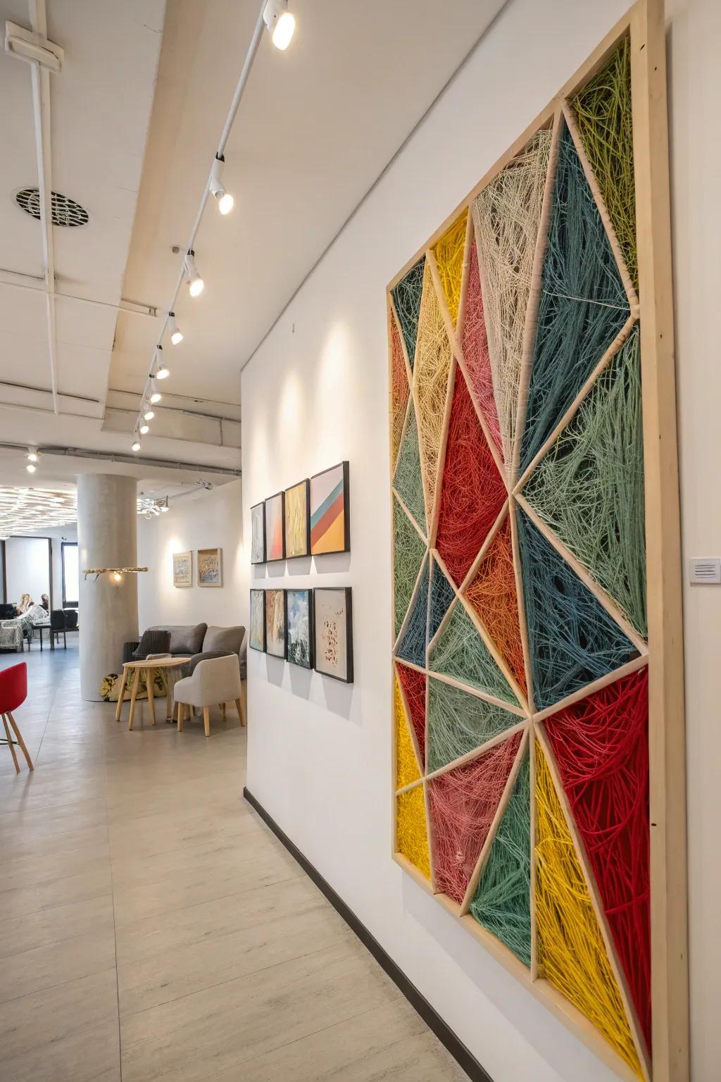 Abstract paint and string art create a dynamic visual experience.