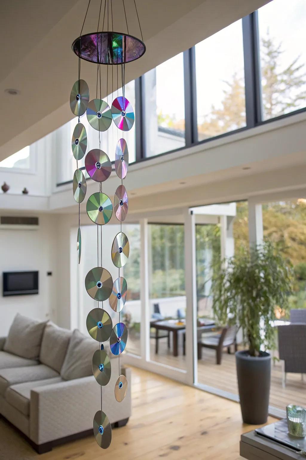 An upcycled CD mobile catching and reflecting beautiful light.