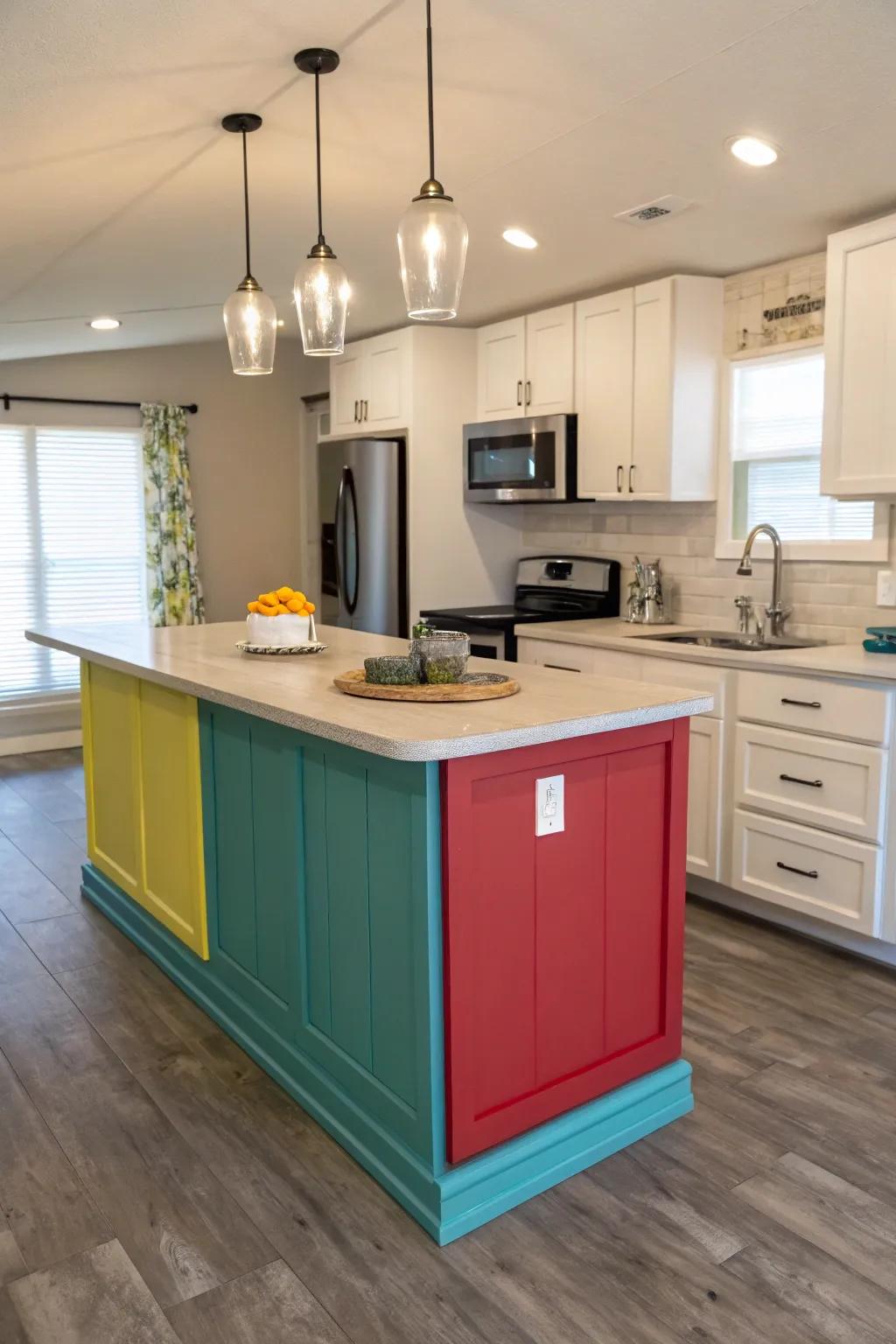 A colorful island serves as a focal point in the kitchen.