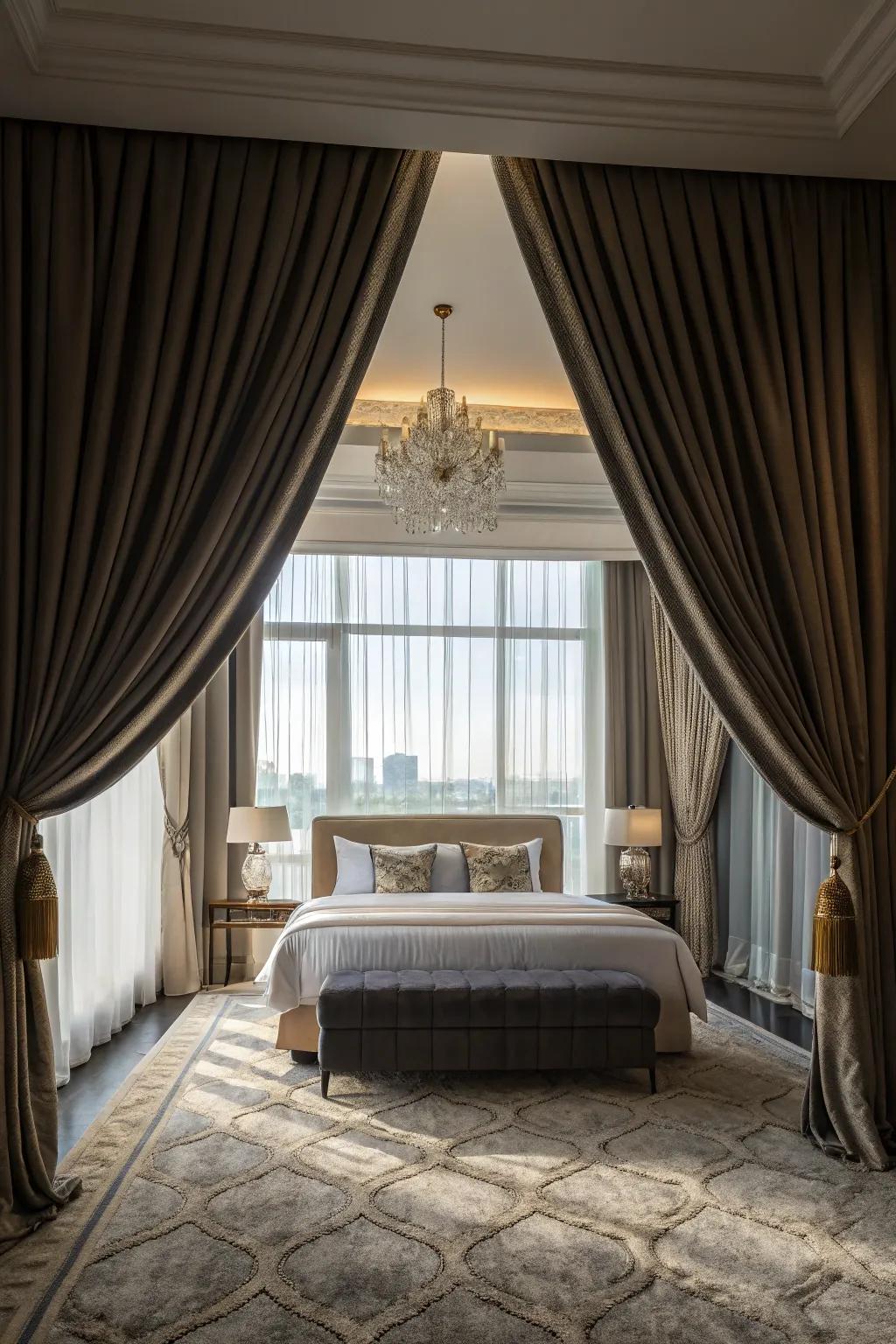 Drapes create a striking focal point for the bed and window.