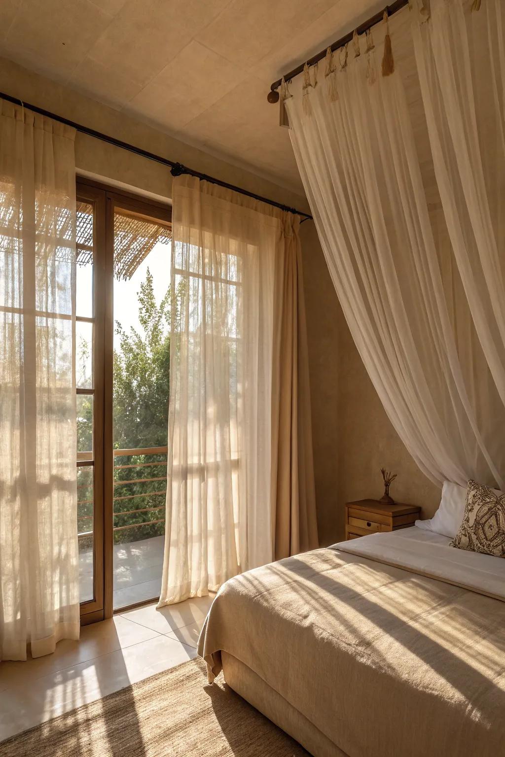 Sheer beige curtains add elegance and softness.