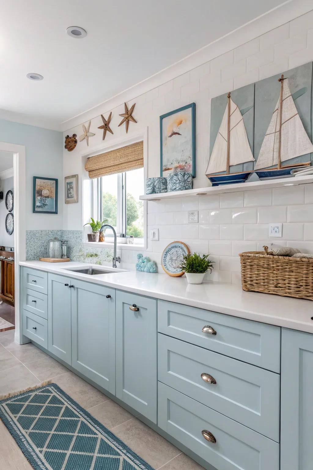 Coastal blue cabinets evoke a breezy, ocean-inspired feel.