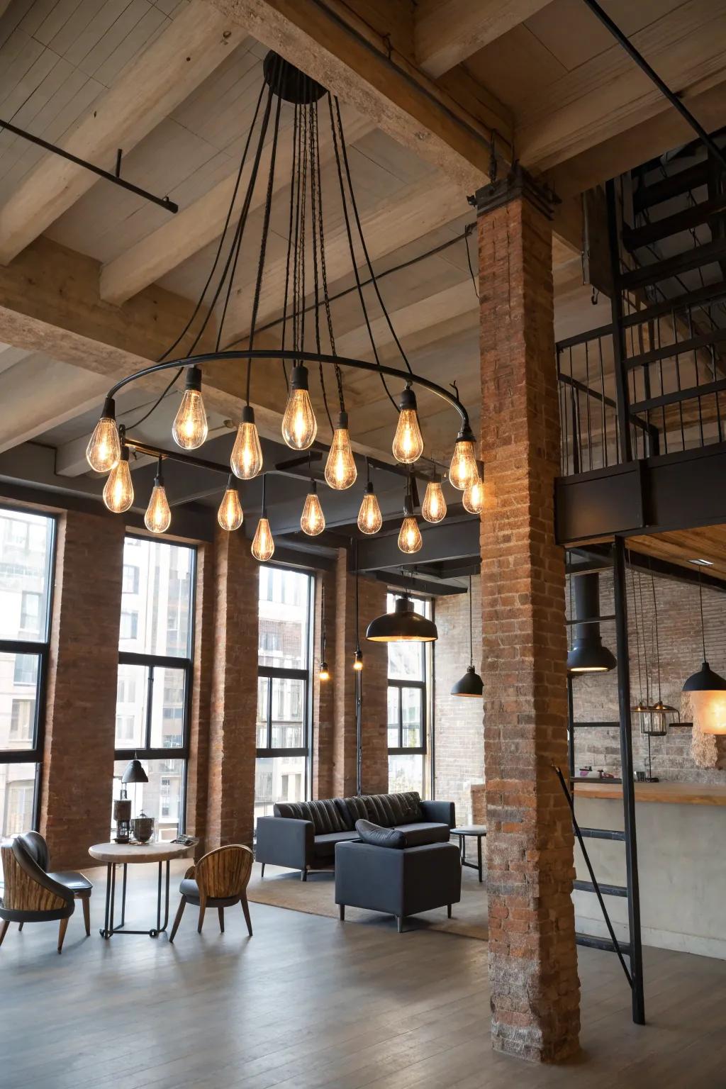 Industrial chandeliers add rugged charm to modern lofts.