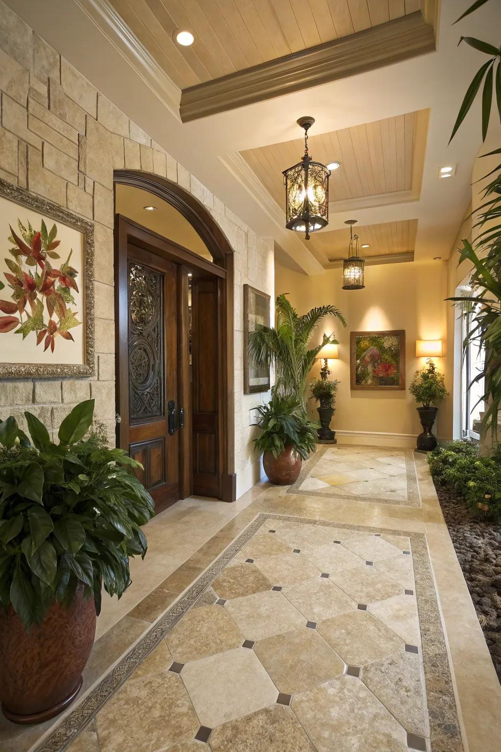 Natural stone tiles provide a sophisticated and earthy vibe to the entryway.