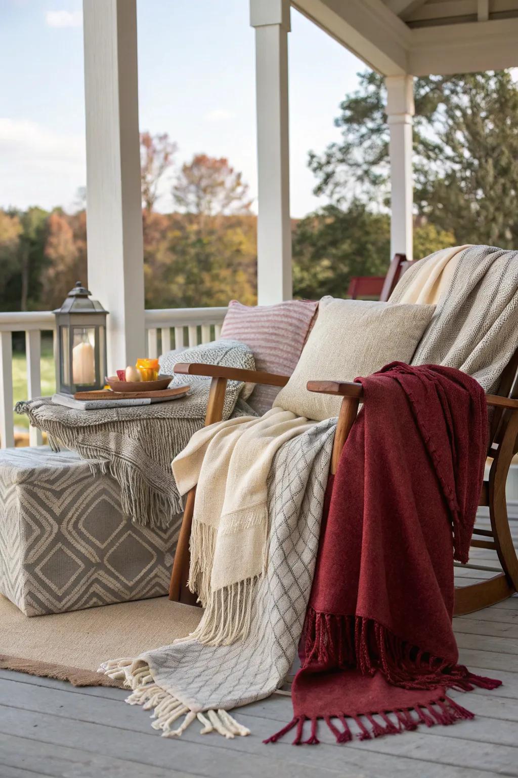 Throw blankets add warmth and style to a fall porch.