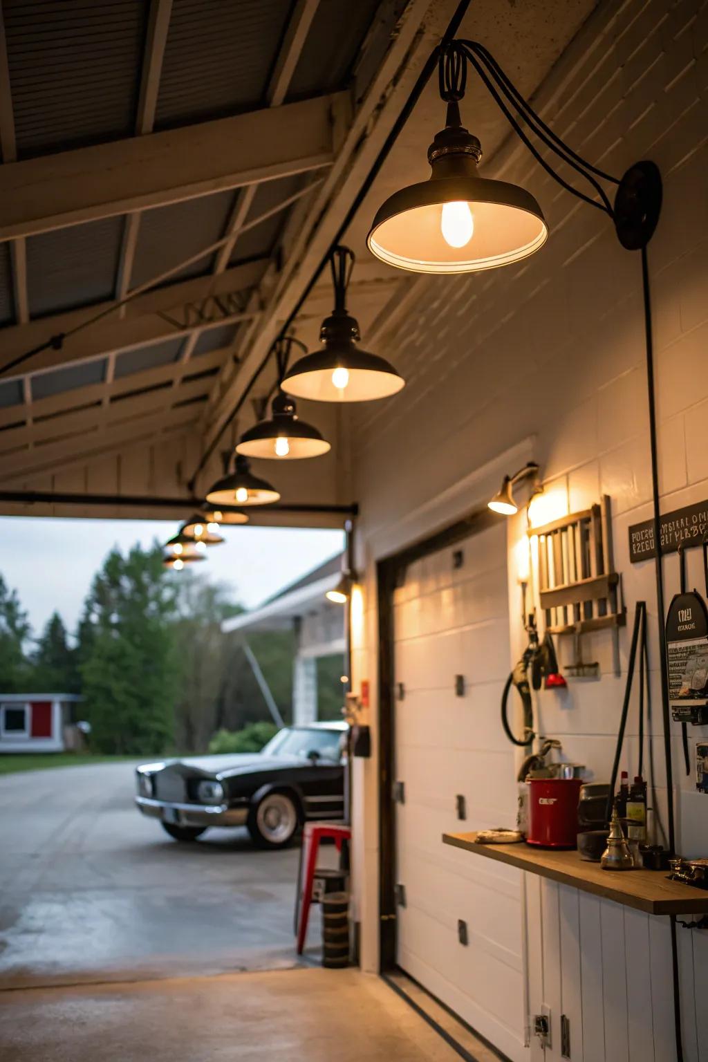 Gooseneck barn lights add nostalgic charm to this farmhouse garage.