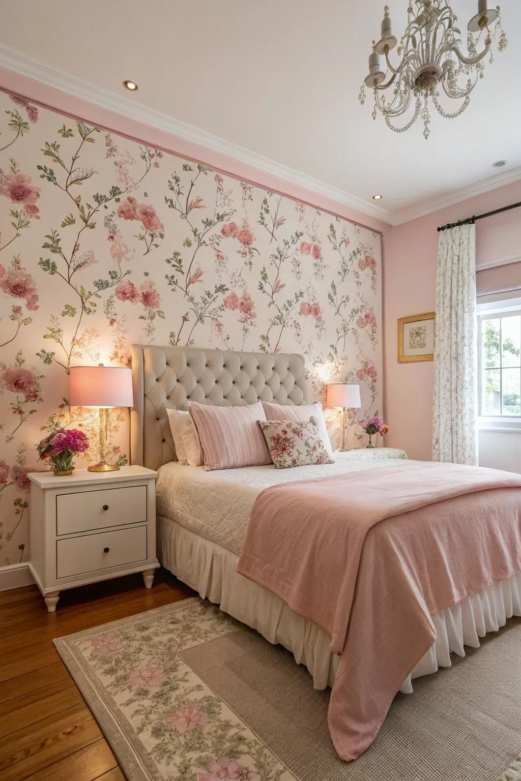 A floral wallpaper accent wall creating a focal point in the bedroom.