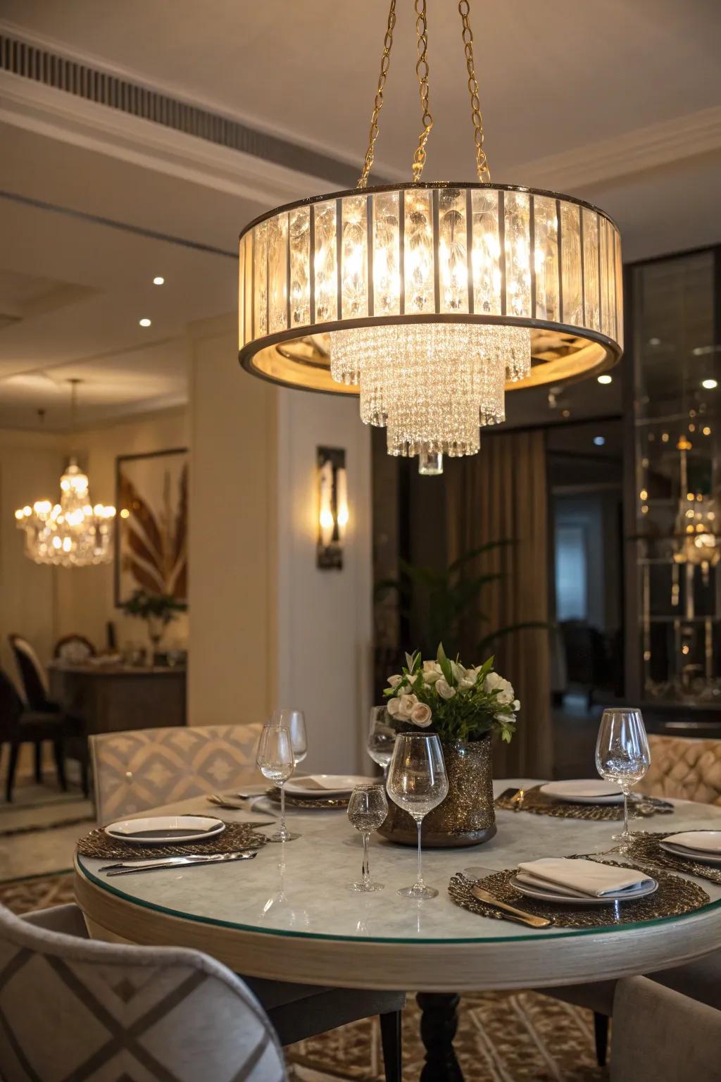 A modern chandelier perfectly complements a glass dining table with warm lighting.