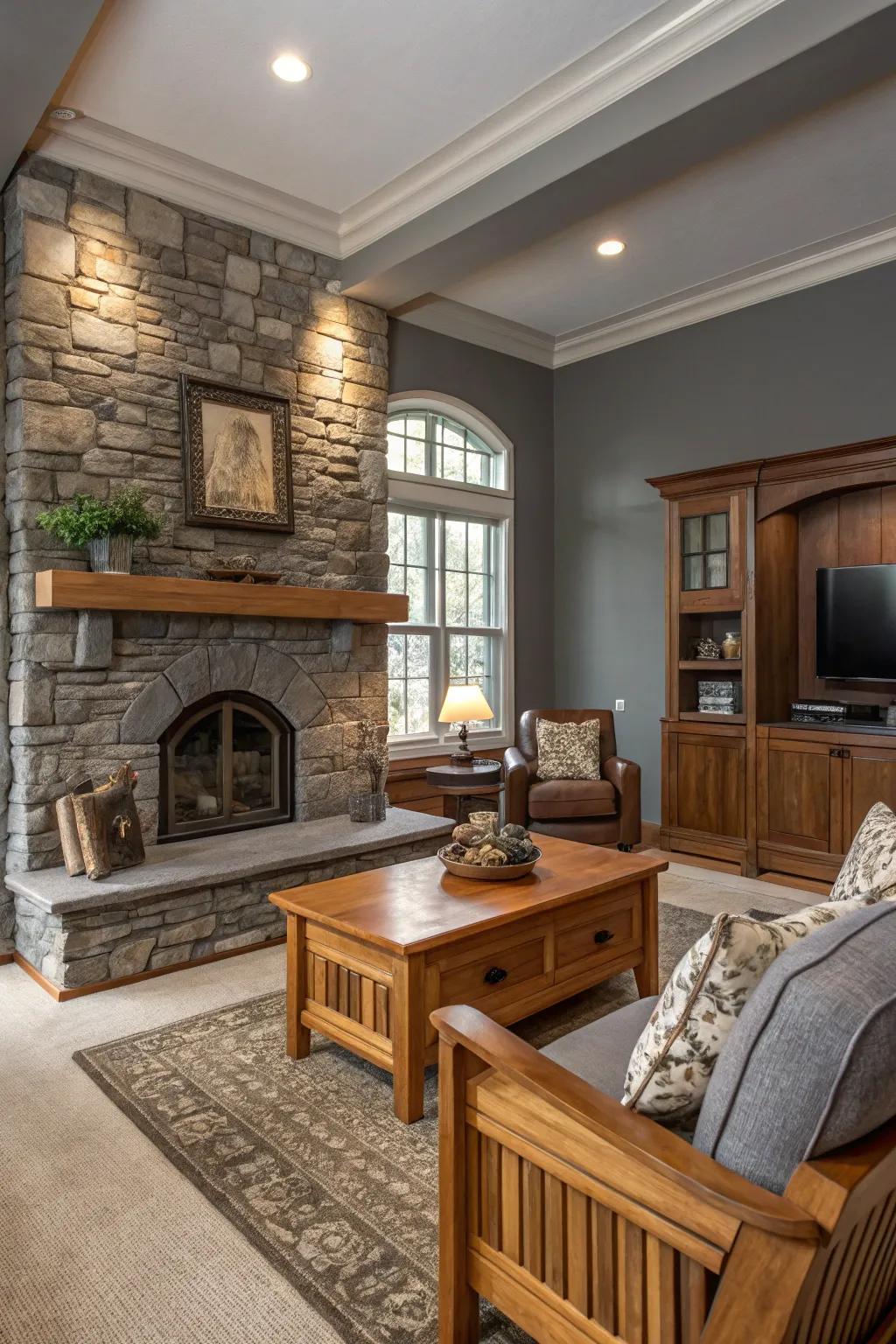 Gray paint beautifully complements natural textures like wood and stone.