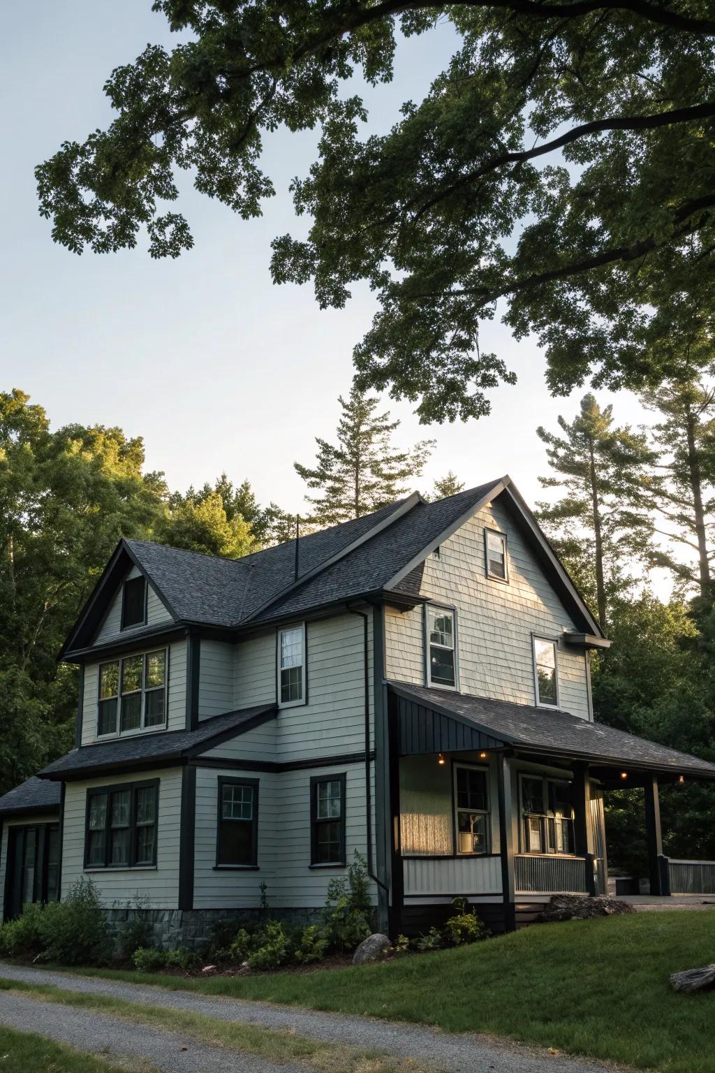 A house with an ombré-inspired grey exterior, highlighted by black trim, nestled among trees.