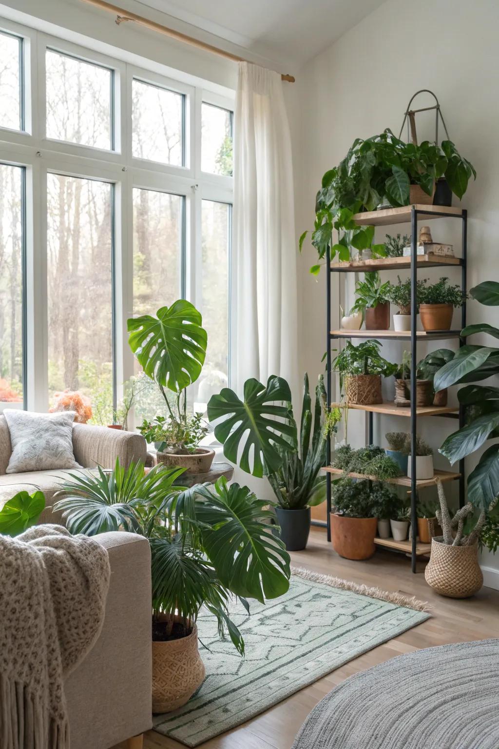 An indoor jungle of plants brings life and fresh air to the living room.