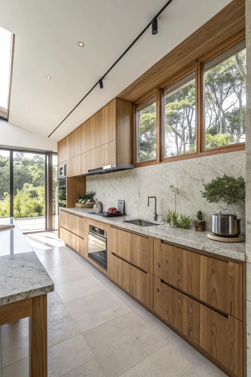 Natural materials introduce warmth and texture to modern kitchen spaces.