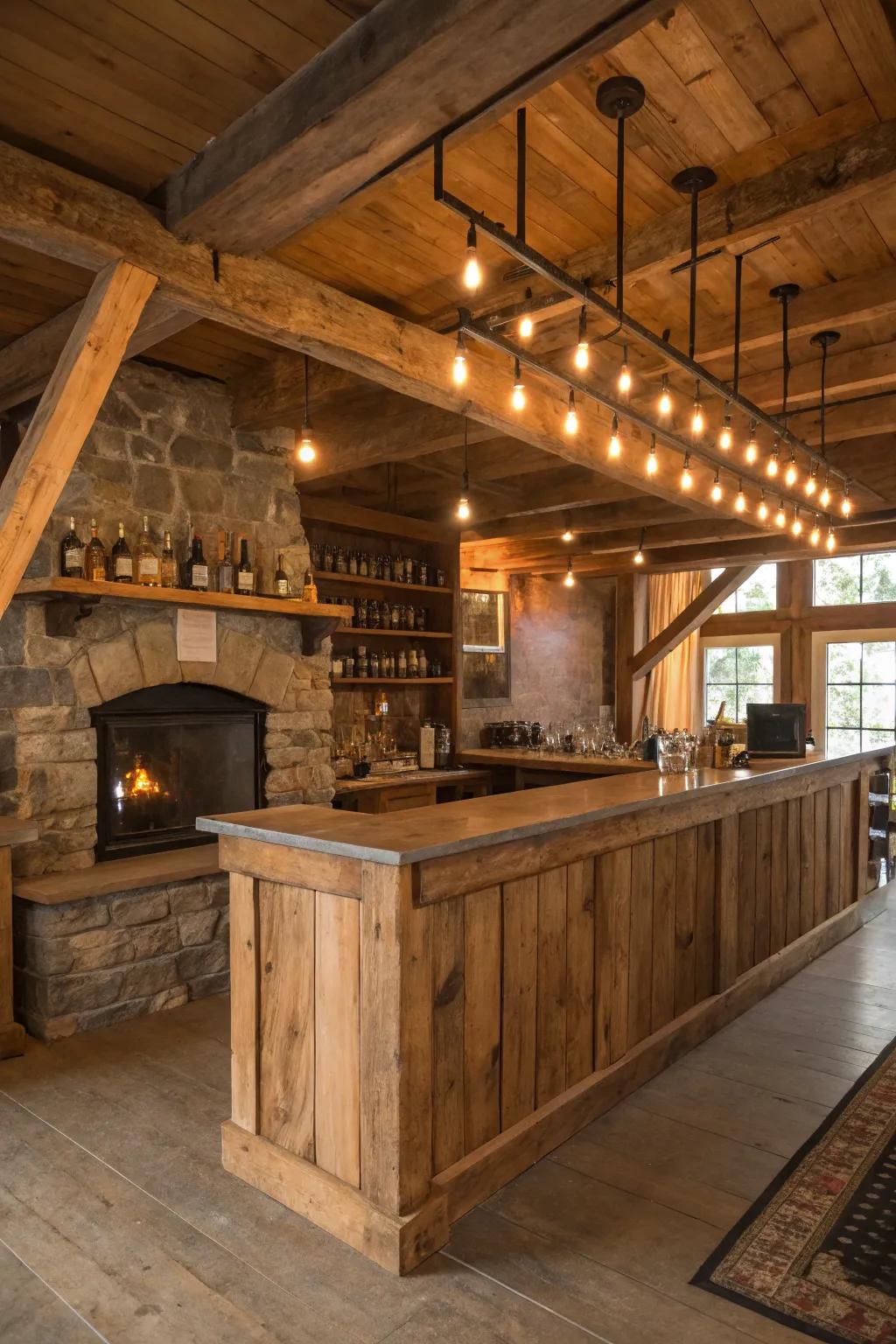 A rustic L-shaped bar with barn wood and vintage lighting.