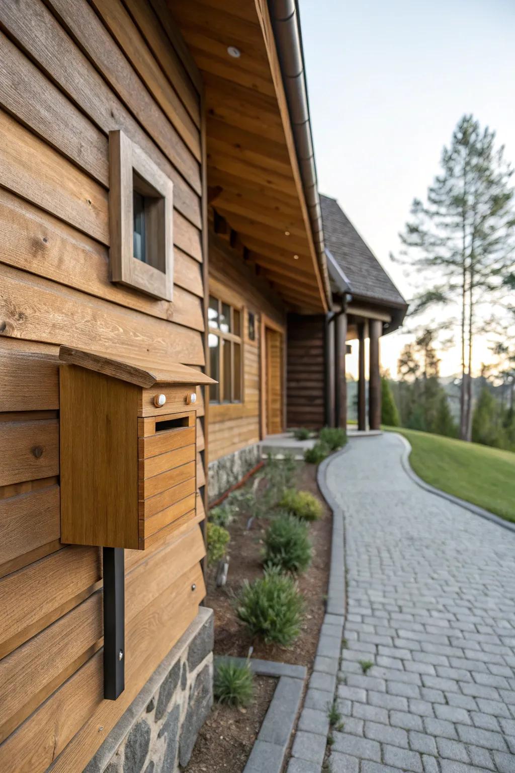 Wooden mailboxes add warmth and natural charm.