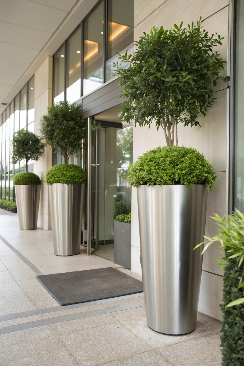 Metallic planters create a stunning entryway feature.