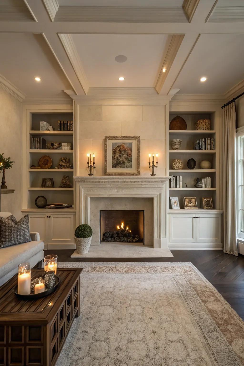 Symmetrical designs around a plaster fireplace bring balance to the room.