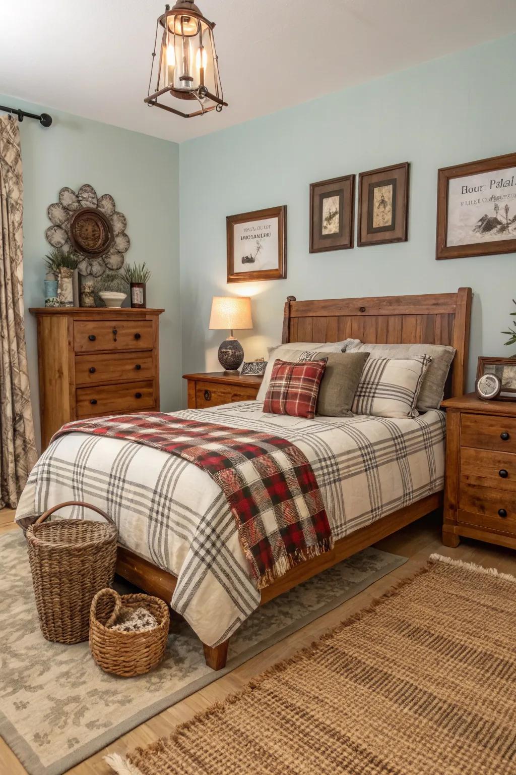 Plaid bedding brings a classic rustic charm to the bedroom.