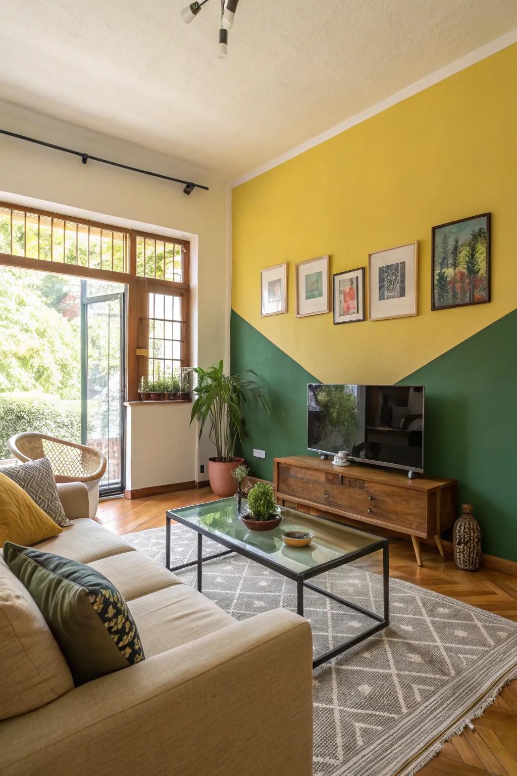 Color-blocked walls in yellow and green add a dynamic and playful touch to the living room.