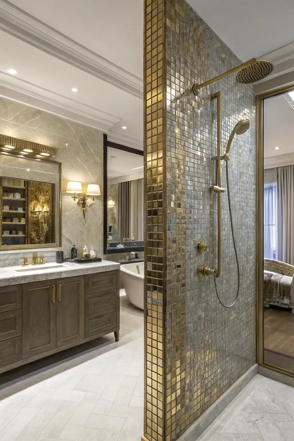 Metallic mosaics add a luxurious touch to this shower.