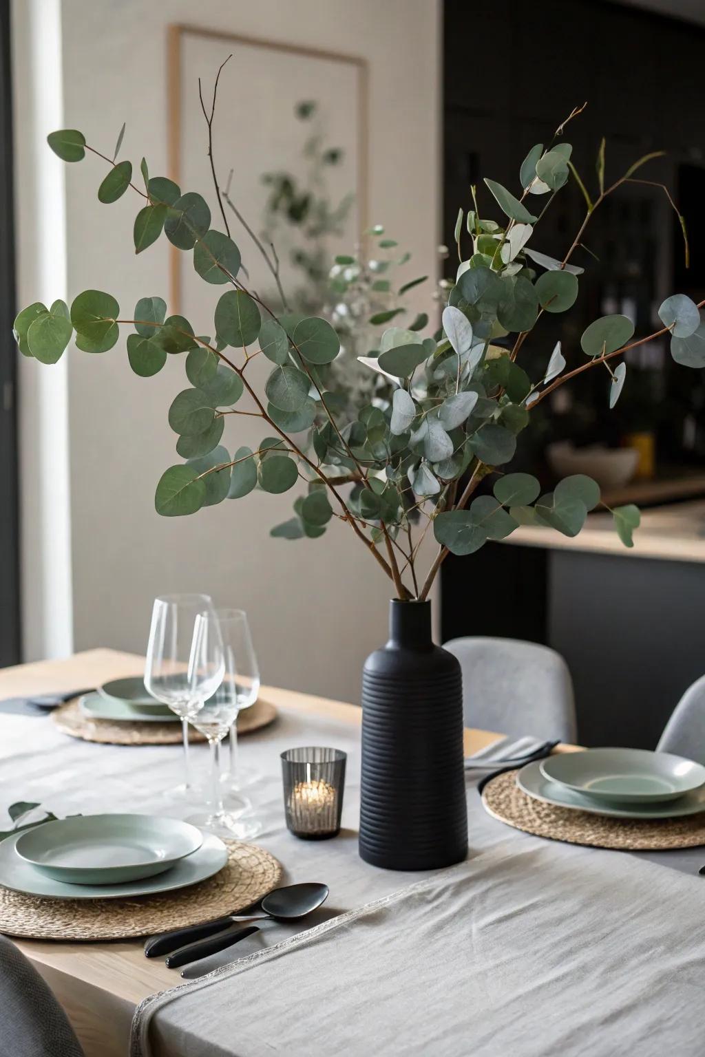 A minimalist centerpiece featuring eucalyptus offers a modern touch for Mother's Day.