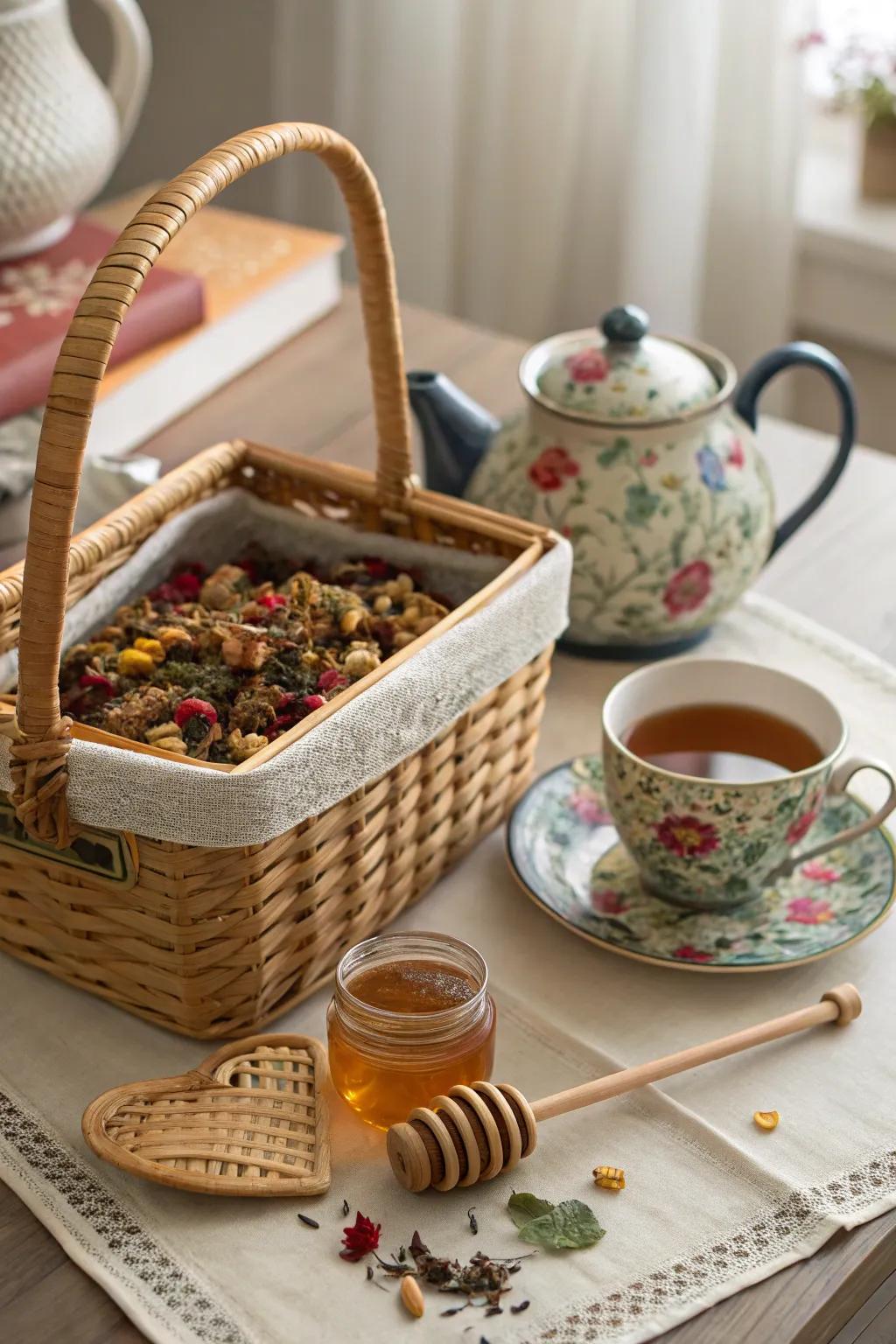 An artisan tea collection basket for a relaxing tea time.