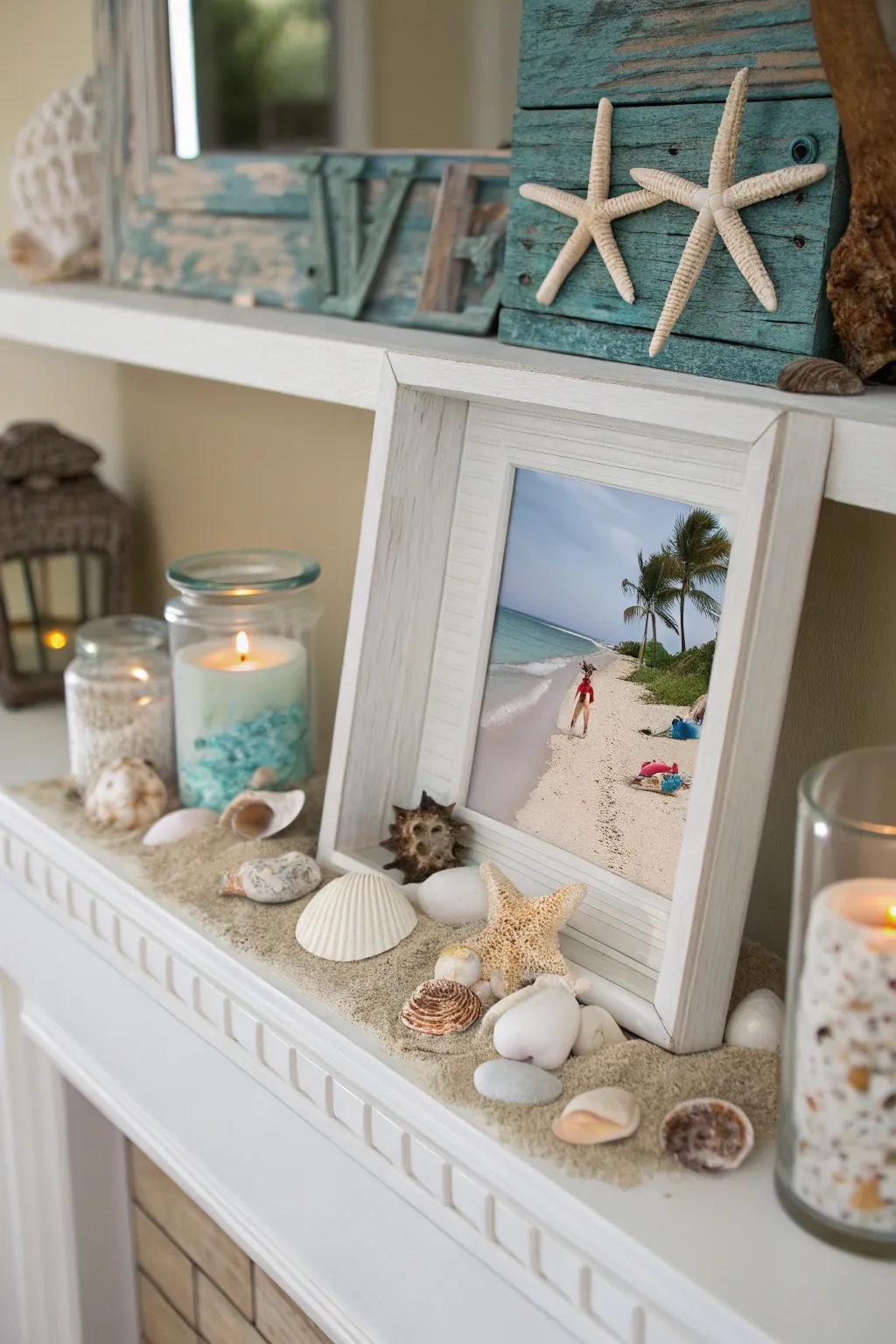 A seaside memory shadow box filled with seashells.