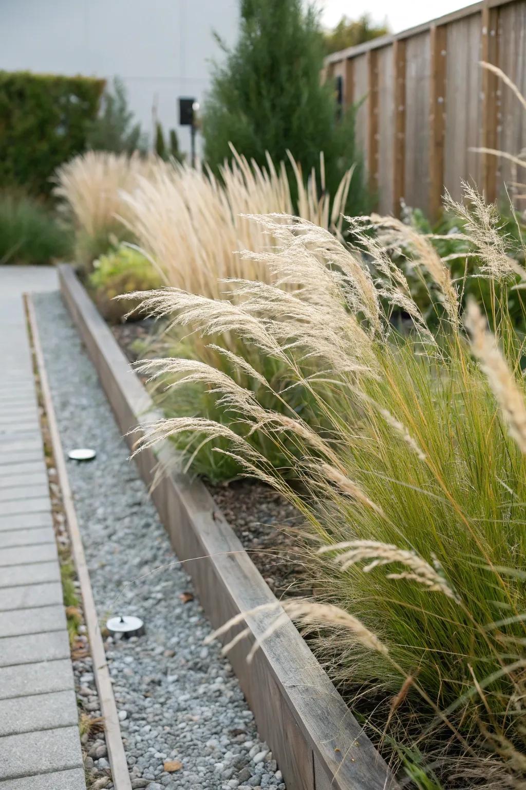 Ornamental grasses add movement and elegance to a narrow flower bed.