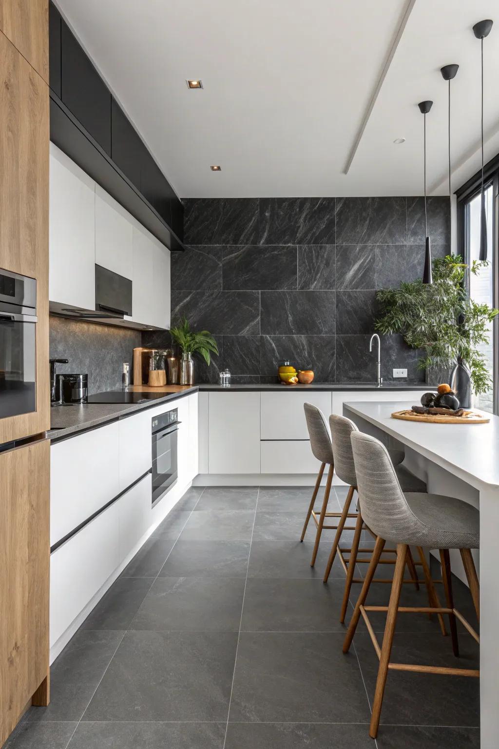 Contemporary kitchen with a durable slate backsplash.