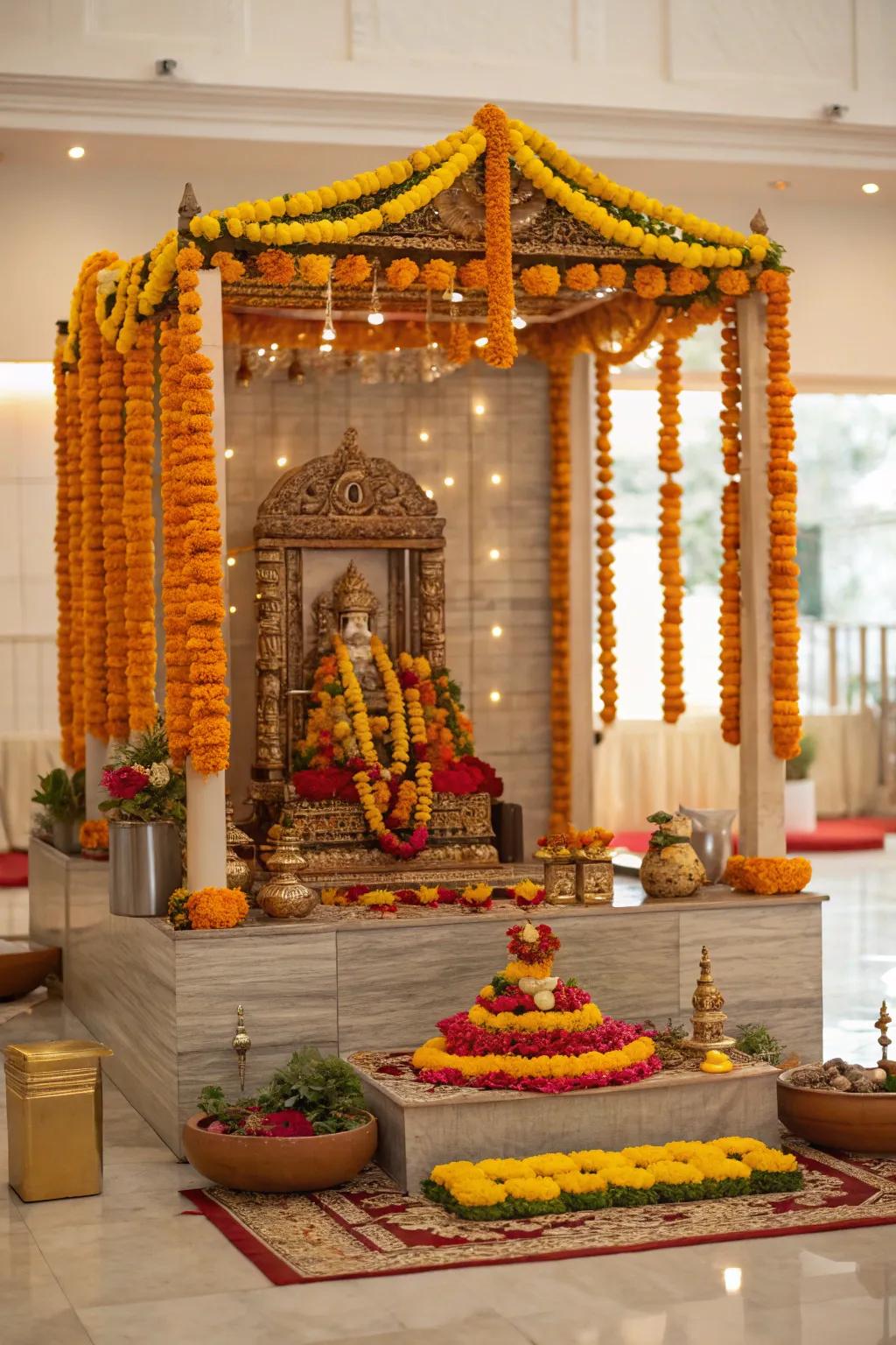 A sacred mandap decorated with vibrant fabrics and marigold garlands.