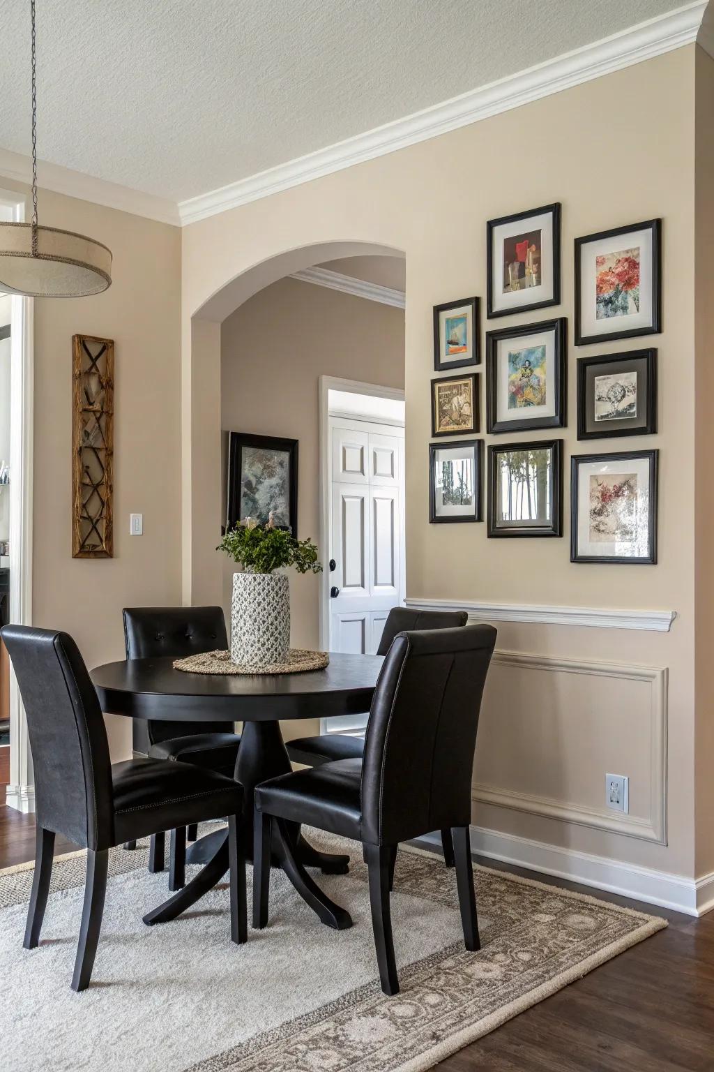 Black accents add sophistication and contrast to a neutral dining area.