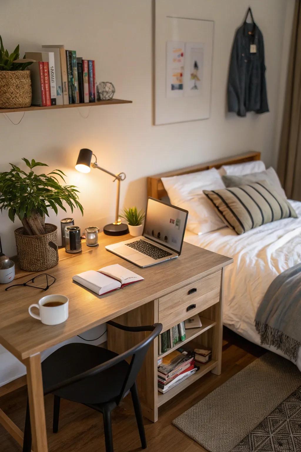 A desk repurposed as a nightstand, blending workspace and sleeping area seamlessly.