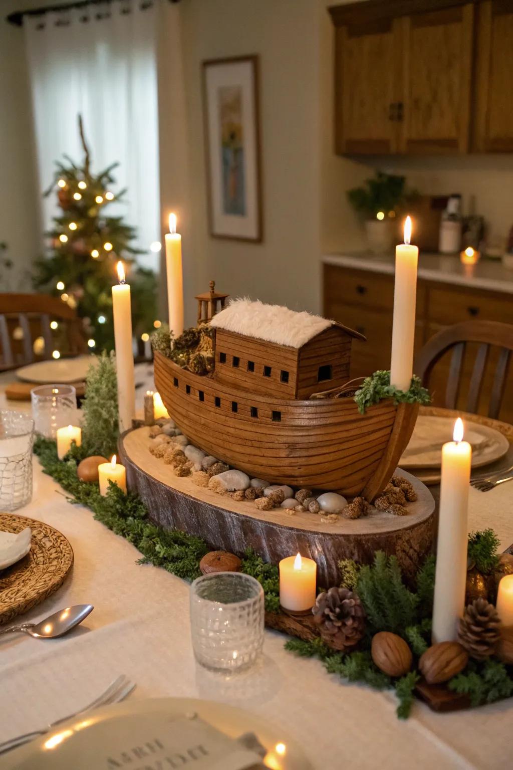 Candles add warmth and ambiance to this Noah's Ark centerpiece.