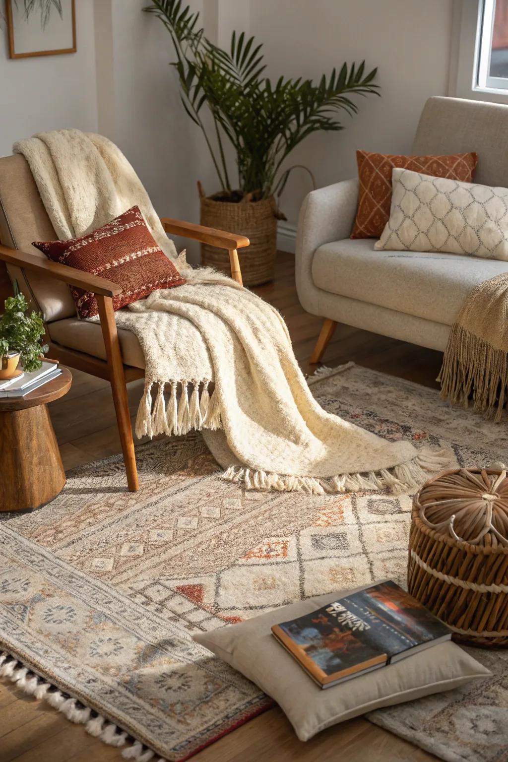 Layer textiles to add depth and warmth to your home, perfect for cozy November evenings.