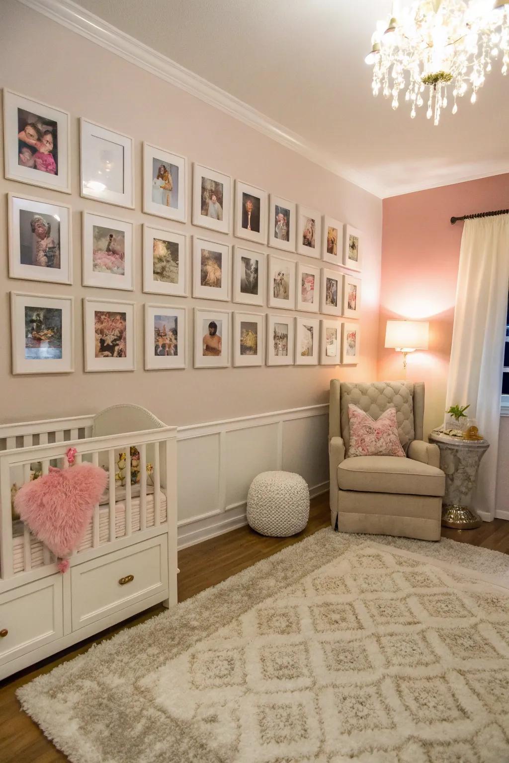 A cozy nursery featuring a sentimental gallery wall of cherished family photos.