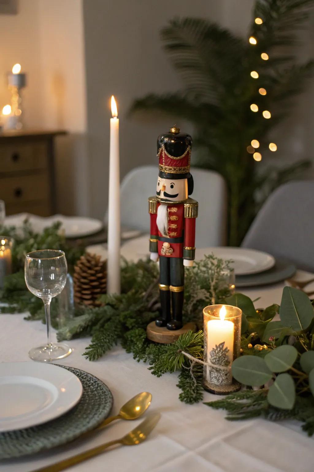 A nutcracker centerpiece adds festive charm to holiday meals.