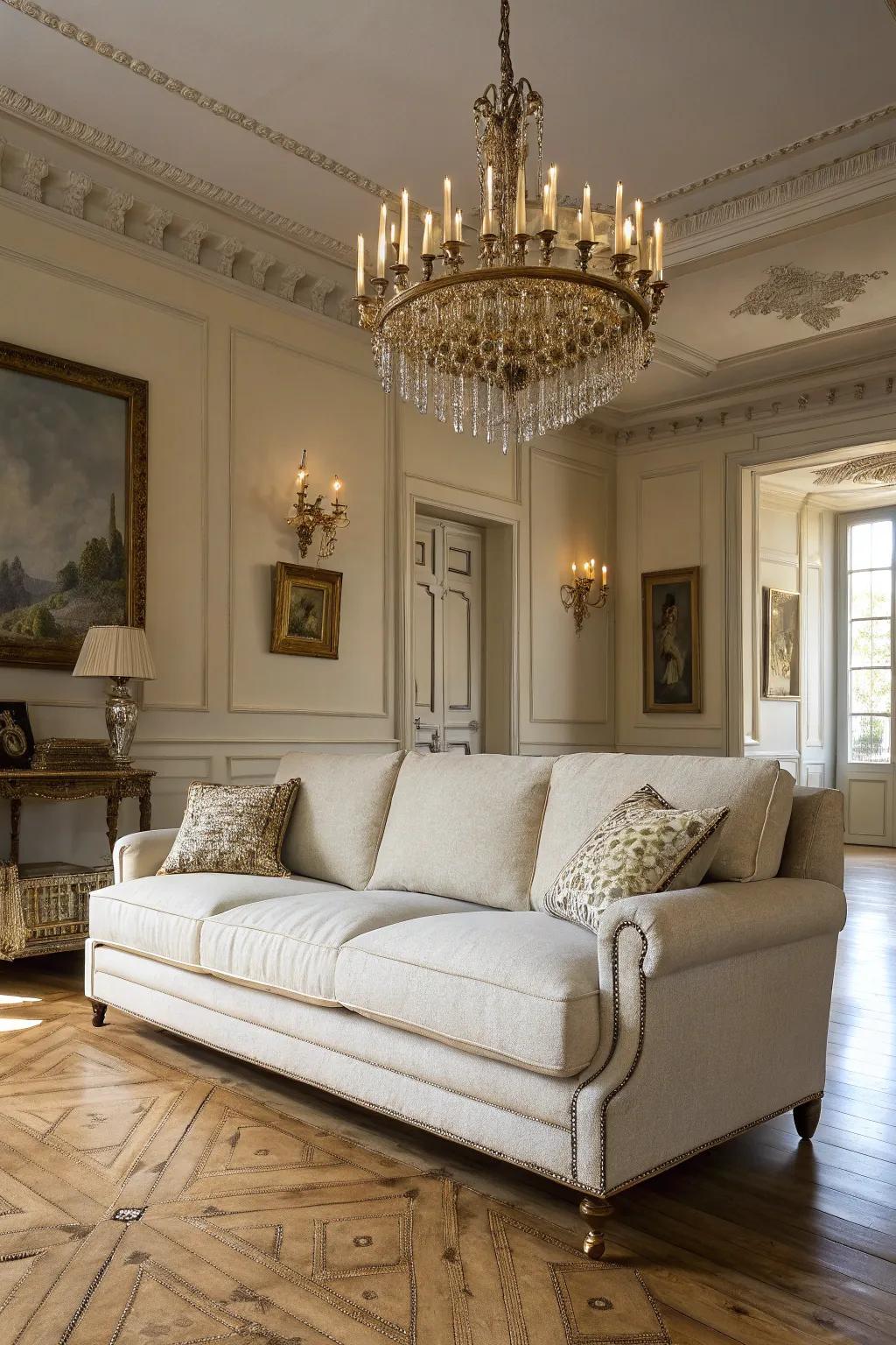 A brass chandelier enhances the elegance of a living room anchored by an oatmeal sofa.