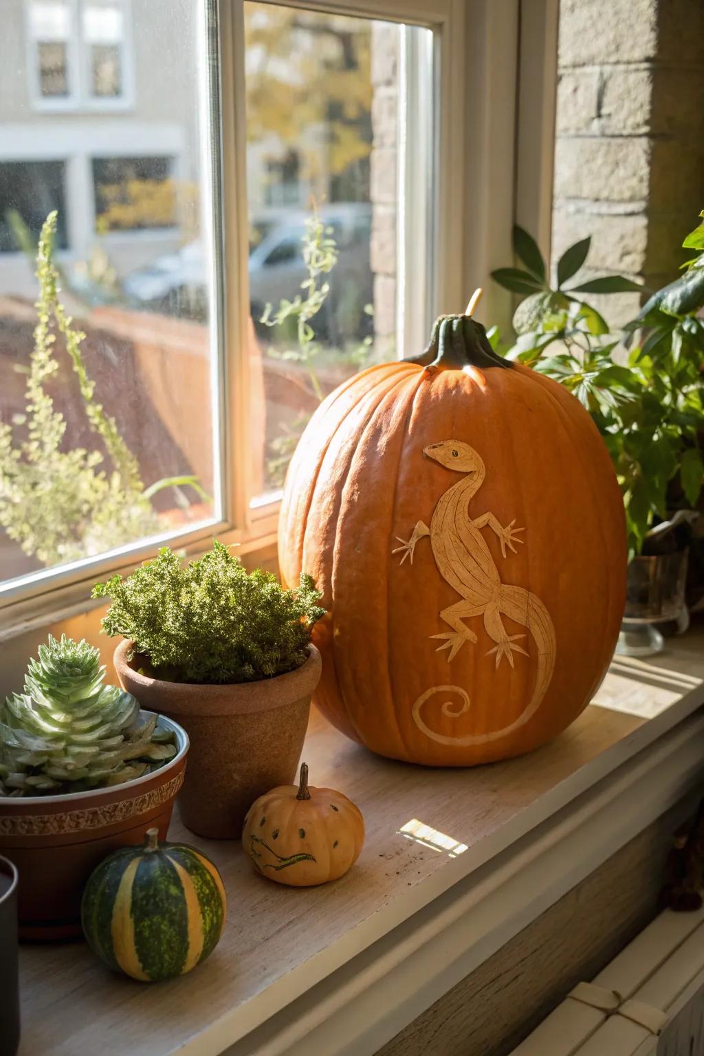 A lizard carving that utilizes the length of the pumpkin, perfect for nature lovers.