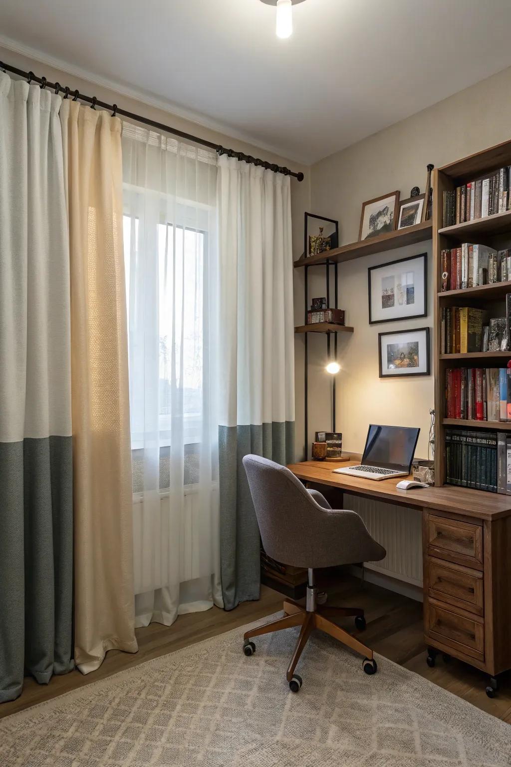 Layered curtains provide flexibility in light and style.